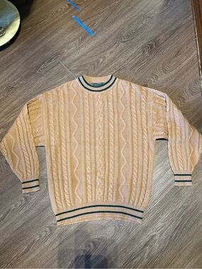 Men's Peach Cable Knit Crewneck Sweater with Green Trim